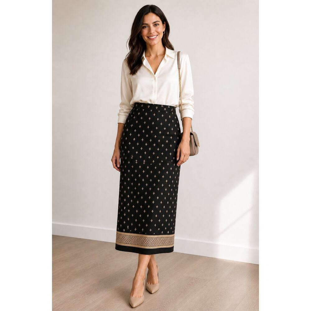 Vintage Chaus Green Gold Fleur De Lis Wrap Maxi Skirt Border Print Lined Size 14